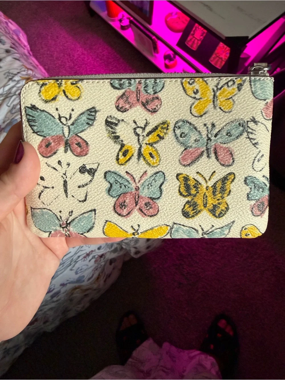 Coach Butterfly Zip Card Case - Yellow, Blue, Pink on Cream